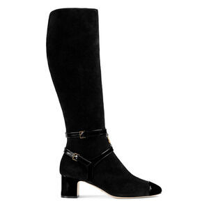 Gucci Geraldine 55 Black Suede Patent GG Gold Logo Low Heel Knee High Boot 35